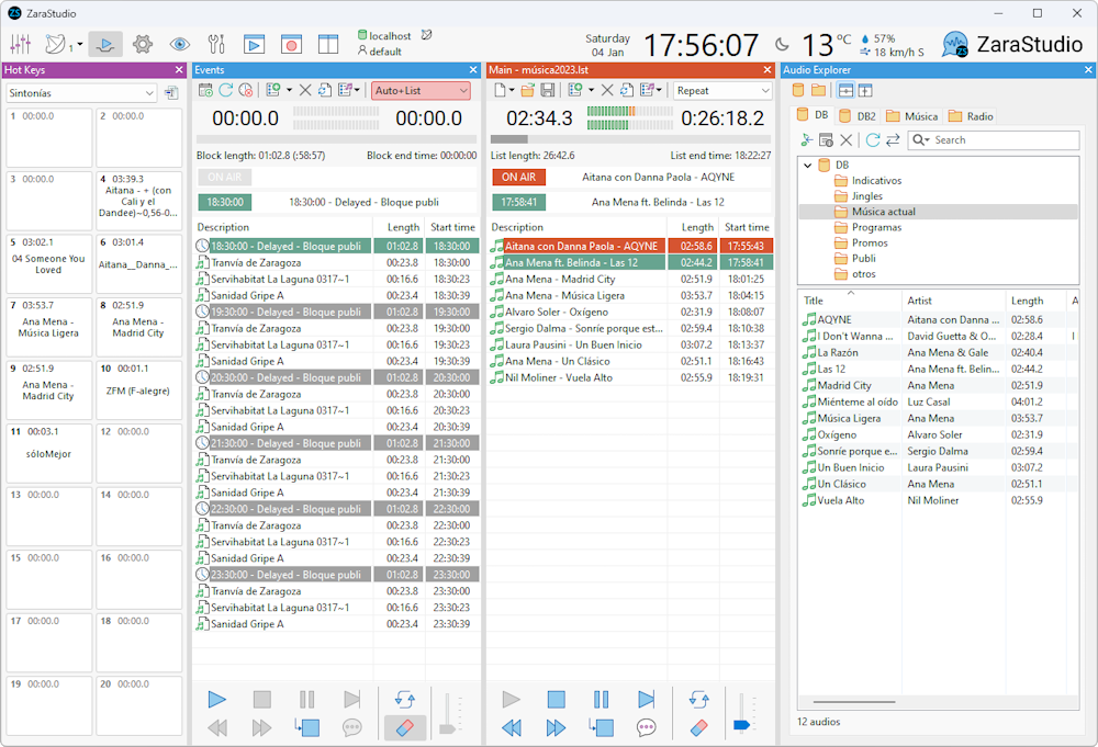 ZaraStudio 4 main screen with events, main playlist, hot keys and audio explorer